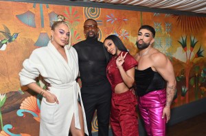 Jasmine Sanders, LaQuan Smith, Tinashe, and Angel Merino pose as NET-A-PORTER and Laquan Smith host an intimat
