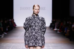 BERLIN, GERMANY - MARCH 16: A model walks the runway at the Danny Reinke show during the Mercedes-Benz Fashion Week Berlin March 2022 at Kraftwerk Mitte on March 16, 2022 in Berlin, Germany. (Photo by Sebastian Reuter/Getty Images for Nowadays )