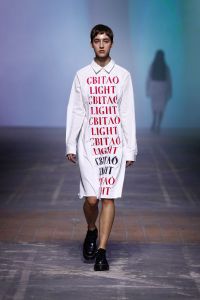 BERLIN, GERMANY - MARCH 16: A model walks the runway at the Jean Gritsfeldt show during the Mercedes-Benz Fashion Week Berlin March 2022 at Kraftwerk Mitte on March 16, 2022 in Berlin, Germany. (Photo by Sebastian Reuter/Getty Images for Nowadays )
