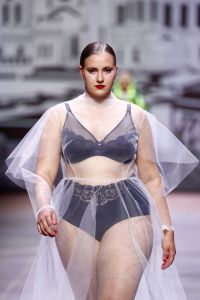 BERLIN, GERMANY - MARCH 15: A model walks the runway at the Kilian Kerner show during the Mercedes-Benz Fashion Week Berlin March 2022 at Kraftwerk Mitte on March 15, 2022 in Berlin, Germany. (Photo by Sebastian Reuter/Getty Images for Nowadays )