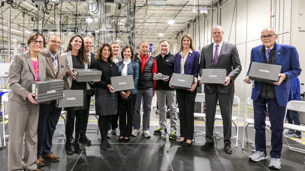 Left to right: Representative Linda Dean Campbell, Massachusetts Legislature; Representative Frank Moran, Massachusetts Legislature; Senator Diana DiZoglio, Massachusetts Legislature; Mike Kennealy, Massachusetts Secretary of Housing and Economic Development; Lt. Governor Karyn Polito, Commonwealth of Massachusetts; Joe Preston, New Balance President and CEO; Anne Davis, New Balance Vice Chairman; Jim Davis, New Balance Chairman; Dave Wheeler, New Balance Chief Operating Officer; U.S. Congresswoman Lori Trahan, 3rd Congressional District of Massachusetts; Governor Charlie Baker, Commonwealth of Massachusetts; Mayor Neil Perry, City of Methuen