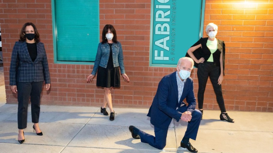 Kamala Harris, Sherri Barry, Joe Biden and Angela Johnson at FABRIC's PPE manufacturing site
