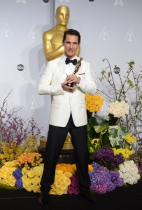 Matthew McConaughey winner of the award for best actor for his role in the "Dallas Buyers Club" poses in the press room during the Oscars at the Dolby Theatre on Sunday, March 2, 2014, in Los Angeles.  (Photo by Jordan Strauss/Invision/AP)