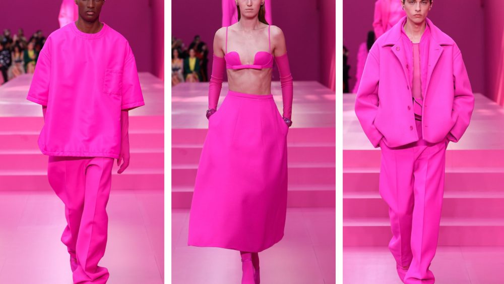 Valentino presented a dual-gender collection almost entirely in “Valentino Pink PP,” a hue developed by Pantone exclusively for label.