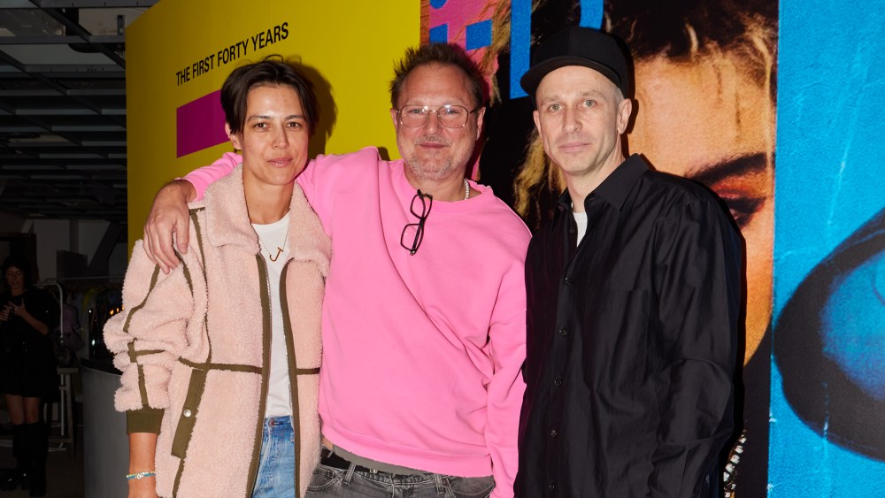 Dovile Drizyte, Juergen Teller and Alastair McKimm attend the launch of new book "i-D: Wink + Smile! The First Forty Years" at Dover Street Market