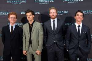 Tom Glynn-Carney, Fionn Whitehead, Harry Styles and Jack Lowden pose for photographers upon arrival at the premiere of the movie "Dunkirk," in Dunkirk, northern France, Sunday, July 16, 2017. The film, directed by Christopher Nolan, tells the story of the Dunkirk evacuation, which took place at the beginning of World War II. (Sipa via AP Images)