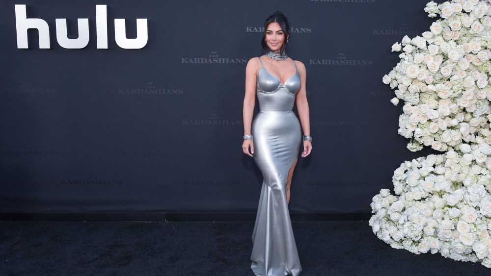 HOLLYWOOD, LOS ANGELES, CALIFORNIA, USA - APRIL 07: (FOR EDITORIAL USE ONLY) In this handout photo provided by Hulu/The Walt Disney Company, Kim Kardashian wearing a custom Thierry Mugler latex dress that was designed exclusively by Thierry before he passed away arrives at the Los Angeles Premiere Of Hulu's 'The Kardashians' held at Goya Studios on April 7, 2022 in Hollywood, Los Angeles, California, United States. (Photo by Hulu/The Walt Disney Company via Image Press Agency/Sipa USA)(Sipa via AP Images)