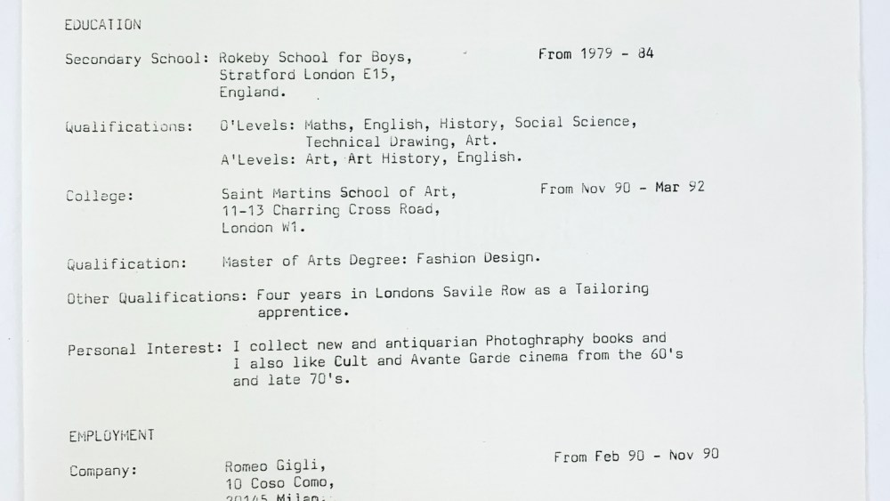 This resume that belonged to Alexander McQueen is being sold.