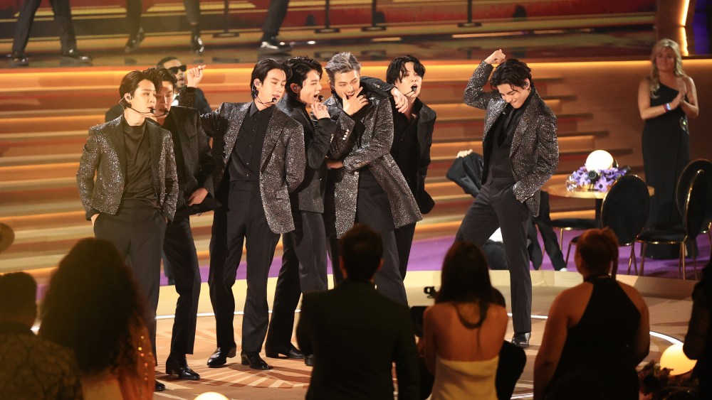 BTS performs onstage at the 64th Annual Grammy Awards held at the MGM Grand Garden Arena on April 3rd, 2022 in Las Vegas, Nevada.