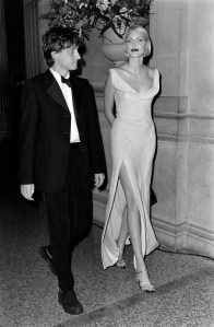 Model Nadja Auermann and guest arrive for the Metropolitan Museum of Art Costume Institute "Orientalism: Visions of the East in Western Dress" exhibition and gala on December 6, 1994.