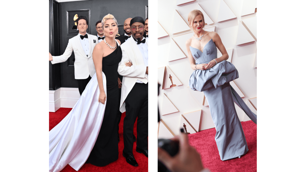 Lady Gaga at the 64th Annual Grammy Awards and Nicole Kidman attending the 94th Academy Awards, both wearing Giorgio Armani.