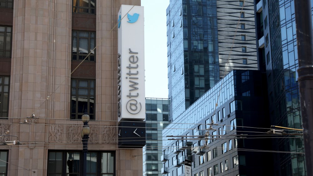 A sign is seen outside the Twitter headquarters in San Francisco, Monday, April 25, 2022. Elon Musk reached an agreement to buy Twitter for roughly $44 billion on Monday, promising a more lenient touch to policing content on the platform where he promotes his interests, attacks critics and opines on social and economic issues to more than 83 million followers. (AP Photo/Jed Jacobsohn)