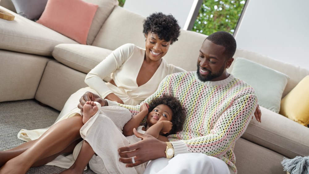Gabrielle Union, Dwyane Wade and Kaavia James for their babycare line Proudly