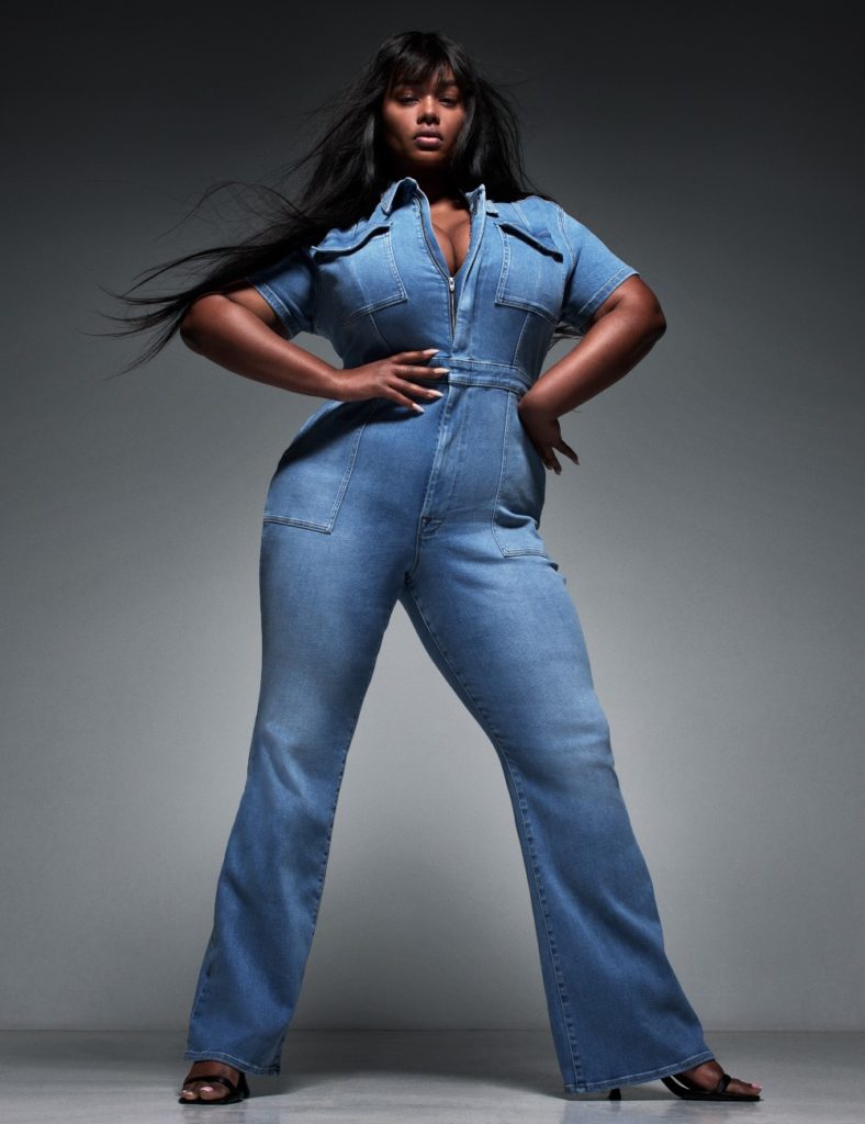 The collection includes a denim jumpsuit with a flared leg.