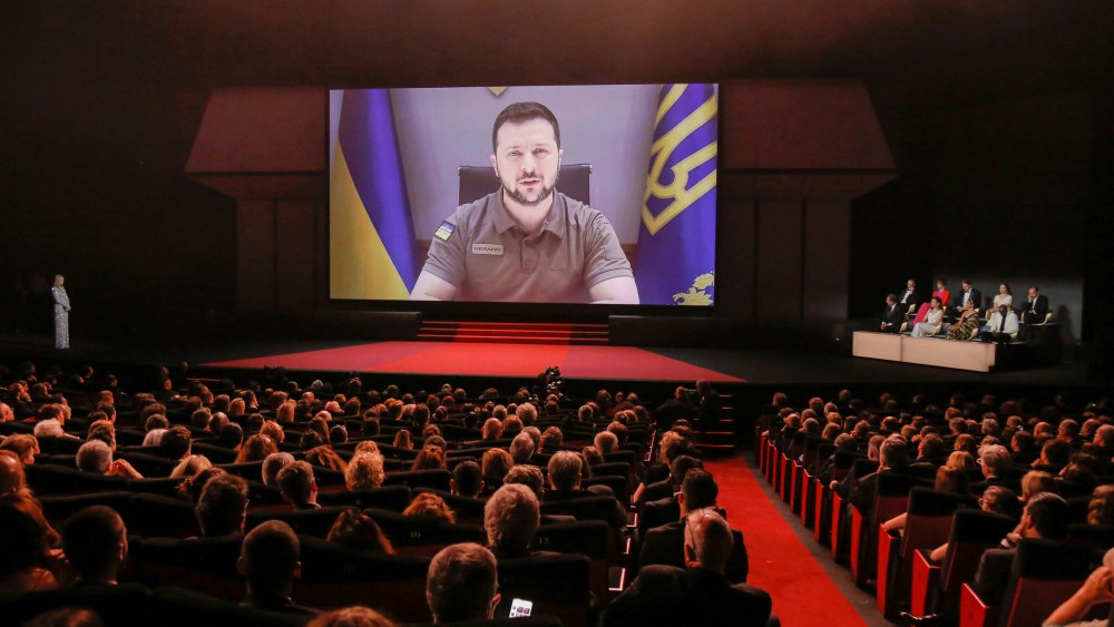 Ukrainian President Volodymyr Zelensky during the opening ceremony of the 75th International Cannes Film Festival.