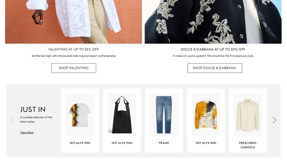 A screen shot of the homepage for The Outnet's men's offering.