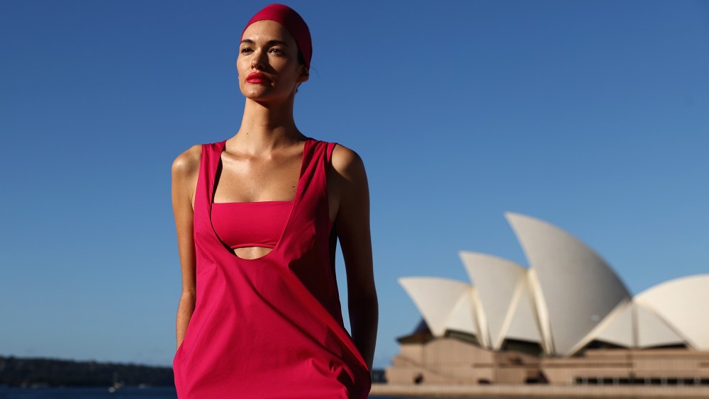 SYDNEY, AUSTRALIA - MAY 31: A model walks the runway during the BONDI BORN show during Afterpay Australian Fashion Week 2021 Resort '22 Collections at the Northern Wharf Boardwalk, Circular Quay, on May 31, 2021 in Sydney, Australia. (Photo by Cameron Spencer/Getty Images)