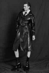 Chloé’s satin napa leather biker coat over Hermès’ cotton button-down. Versace platform boots; Sportmax tie; Alexander McQueen necklace; Etiq earrings.
