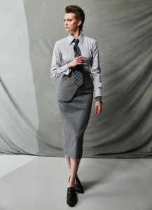 Fendi’s cotton top and viscose skirt. Michael Kors Collection shoes; Giorgio Armani tie; Brooks Brothers tie bar; Etiq earrings; Bulgari watch; David Yurman bracelet; Louis Vuitton bracelet; Vitali bracelet.