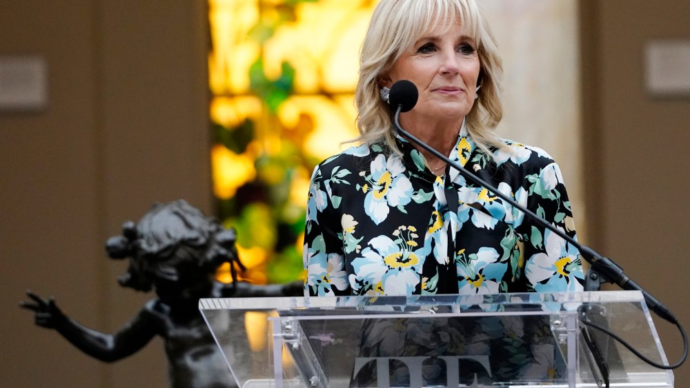 Jill Biden speaks at the unveiling of the Met Museum Costume Institute's exhibit "In America: A Lexicon of Fashion" on Monday, May 2, 2022.