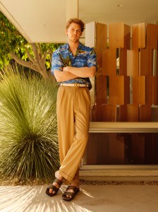 Gucci’s cotton shirt, wool pants and belt. Loewe sandals.