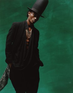Comme des Garçons Homme Plus’ polyester jacket, shirt and short.Comme des Garçons Homme Plus hat.D Beers New York fine necklace.