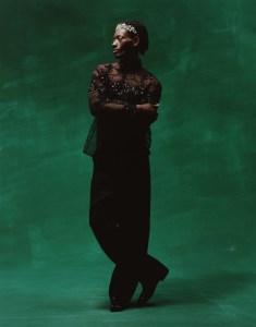 Valentino’s tulle base with sequin beaded embroidery / Silk top and crepe couture pants.

Saint Laurent boots. Jennifer Behr headpiece.