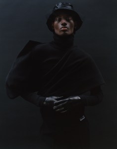 Arturo Obregero’s silk and polyester scarf top worn with Vetements virgin wool pants.

Ami gloves; Jennifer Behr hat.