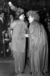 Regine Zylberberg and Shelley Winters attend a carnival-themed party at Regine's nightclub, 1980.