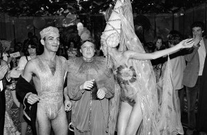Victor Hugo, Regine Zylberberg and Pat Cleveland attend a  Rio carnival-themed party at Regine's nightclub,1980.