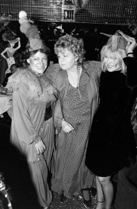 Regine Zylberberg, Shelley Winter, and Debbie Harry attend a carnival-themed party at Regine's nightclub, 1980.