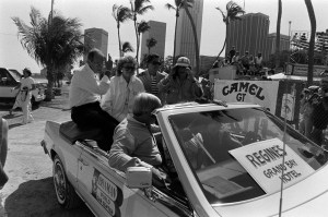 Regine Zylberberg and guests attend events surrounding the Lowenbrau Grand Prix of Miami auto race throughout Miami, Florida, 1985.