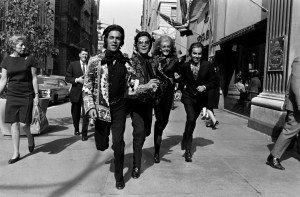 Designer Valentino Garavani with businessman Giancarlo Giammetti, Thea and photographer Gianpaolo Barbieri walk along Fifth Avenue after lunch at Restaurant X, 1968