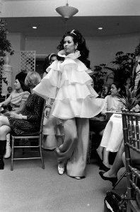 A model poses in a silk organza pant ensemble from Valentino's Spring 1969 Couture collection for Lord and Taylor.