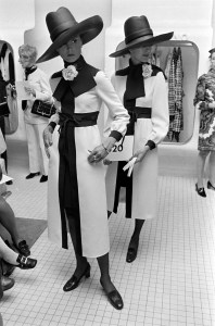 Models poses in looks from the Valentino Fall 1970 informal couture showing and try on party at Lord & Taylor, New York featuring the “longuette” silhouette.