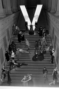 Mannequins in looks from Valentino collections on display in The Metropolitan Museum of Art's Great Hall for the Valentino fashion show and party on September 20, 1982.