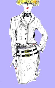 Miu Miu: Ensemble made of white wool silk jacket and skirt embellished with crystals in all over floral motif.