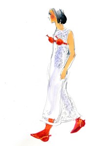Loewe: Sheer lace dress with balloon bra in nappa and lambskin balloon stretch boots.