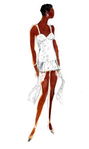 Ami: Bralette dress with a peekaboo top and a beautiful basque that give the bottom of the dress incredible volume.
The fabric is a white crepe de chine entirely embroidered with white and transparent sequins of varying sizes.