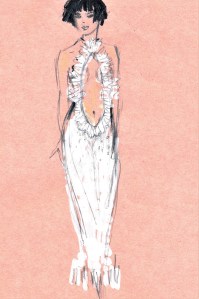 Alexander Wang: Keyhole cutout gown in ivory smocked lycra.