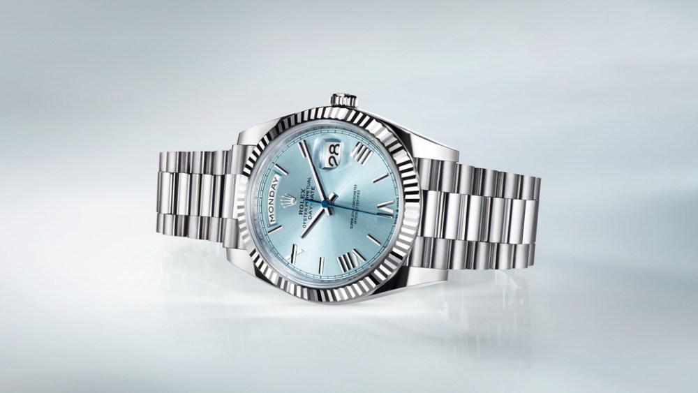 Rolex’s Oyster Perpetual Day-Date 40 In Platinum with fluted bezel and President bracelet - $63,350.