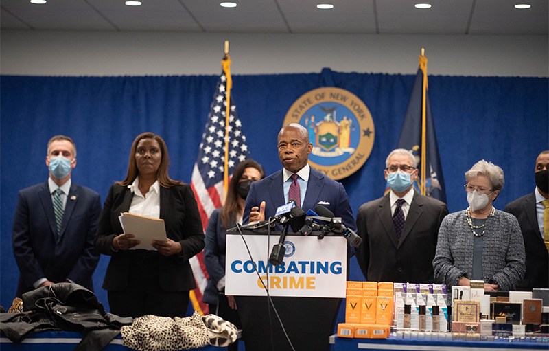 New York City Mayor Eric Adams (center) and New York Attorney General Letitia James (left) announced the takedown of the crime ring on Thursday.