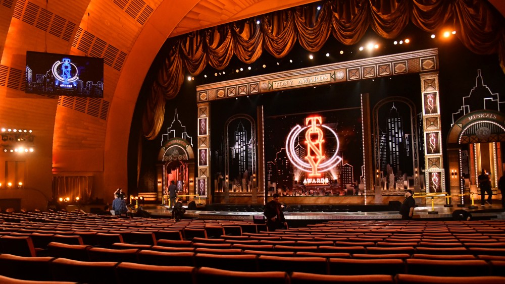 FILE - A view of the stage appears prior to the start of the 73rd annual Tony Awards at Radio City Music Hall in New York on June 9, 2019. Tony Award Productions said Friday that the celebration of live theater will be digital but offered no date or streaming platform. Final eligibility determinations will be made by the Tony Awards Administration Committee “in the coming days.” Broadway theaters abruptly closed on March 12, knocking out all shows — including 16 that were still scheduled to open. (Photo by Charles Sykes/Invision/AP, File)