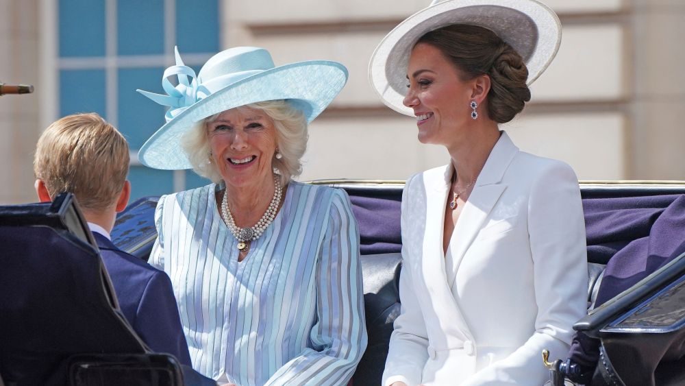 Prince George, Camilla, Duchess of Cornwall, and Kate, Duchess of Cambridge, leave Buckingham Palace for the Trooping the Color ceremony at Horse Guards Parade in London, Wednesday, June 2, 2022, on the first of four days of celebrations to mark the Platinum Jubilee. The events over a long holiday weekend in the U.K. are meant to celebrate the monarch’s 70 years of service. (Jonathan Brady/Pool Photo via AP)
