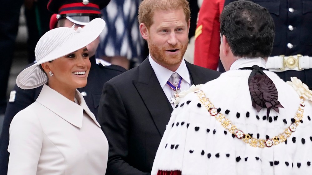 Prince Harry and his wife Meghan, Duchess of Sussex, arrive for a service of thanksgiving for the reign of Queen Elizabeth II at St Paul's Cathedral in London, Friday, June 3, 2022 on the second of four days of celebrations to mark the Platinum Jubilee. The events over a long holiday weekend in the U.K. are meant to celebrate the monarch's 70 years of service. (AP Photo/Alberto Pezzali)