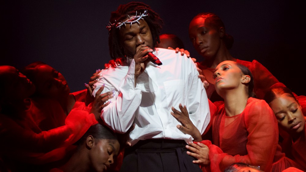 Kendrick Lamar performs at the Glastonbury Festival in Worthy Farm, Somerset, England, Sunday, June 26, 2022. (AP Photo/Scott Garfitt)