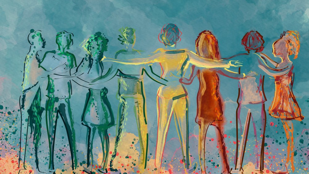 Happy group of diverse people, friends. Watercolor concept background