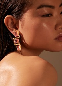 Emily P. Wheeler’s 18-karat yellow gold Cheshire earrings with morganite and enamel.