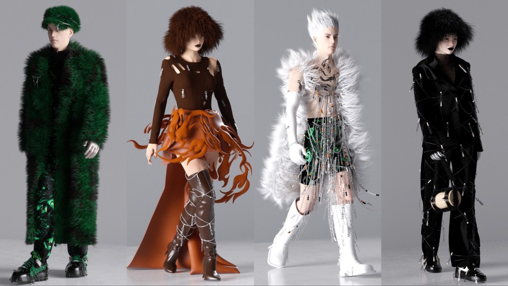 Four looks from Feng Chen Wang’s metaverse fashion show, presented as part of Shanghai Fashion Week and created with support from the virtual-reality innovation centre Inert Plan.