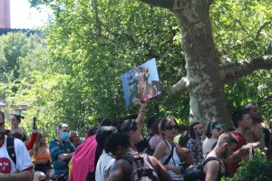 A chant is led for women's rights at the NYC Pride parade.